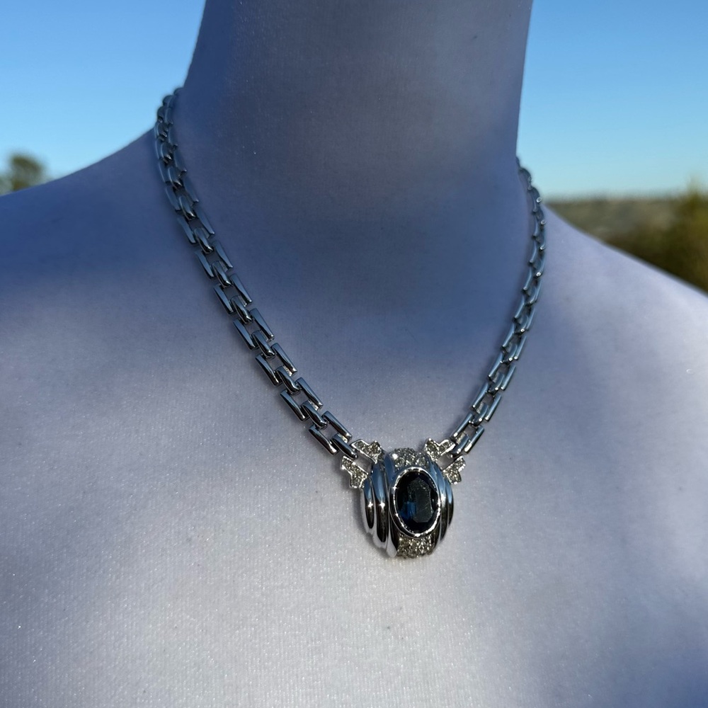 Vintage Signed Nina Ricci Paris Blue and Clear Rhinestones Necklace